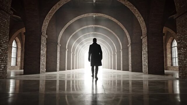 Silhouette of a lone person walking down a long arched hallway towards bright light.