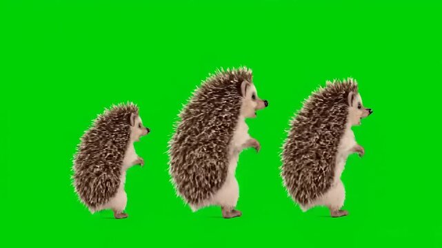 Animated hedgehogs walk across a green screen in a cartoon style. Three cute animals step in a repeating animation cycle for video content.