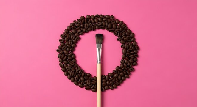 Coffee beans and paintbrush on pink background