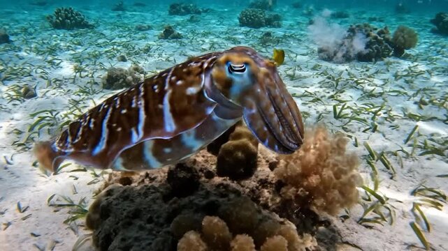 A cephalopod with patterned skin glides through a sandy seabed with sparse vegetation