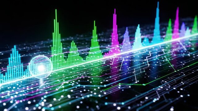 Digital data visualization abstract with vibrant color spectrum on black background