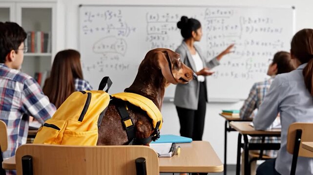 A dachshund wearing a yellow backpack sits at a desk in a classroom