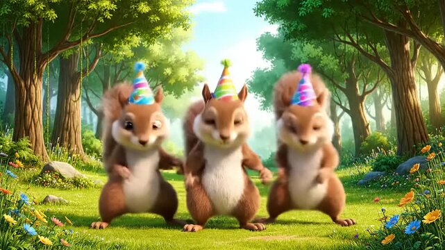 Animated squirrels in party hats dance cheerfully in a sunny forest meadow; whimsical, cute cartoon style celebration with natural background and bright colors