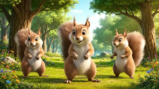 Three cute squirrels stand in a green forest, cartoon render. Cheerful, inviting, animated, kids, family fun, adorable nature, sunny day, whimsical scene