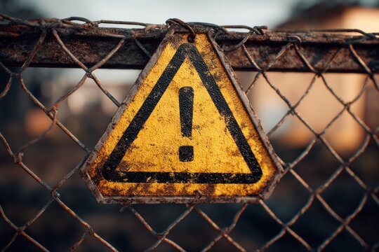 Yellow warning sign with exclamation mark hanging on a rusty metal fence outdoors.