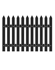 A monochrome illustration of a classic picket fence with pointed tops and evenly spaced slats