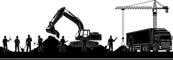 Construction site workers and heavy machinery silhouette illustration featuring excavator crane truck and labor crew industrial development scene black vector isolated on white background © Goutom