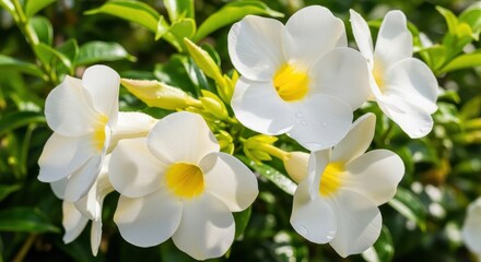 Fototapeta premium Elegant White Mandevilla Flowers in Full Bloom with Yellow Centers.