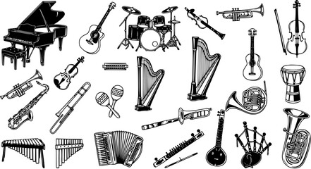 Black and White Line Art Illustration of Various Musical Instruments © pixsource