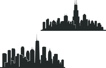 Modern city skyline silhouette set featuring urban skyscrapers downtown architecture panorama isolated on white background for design projects