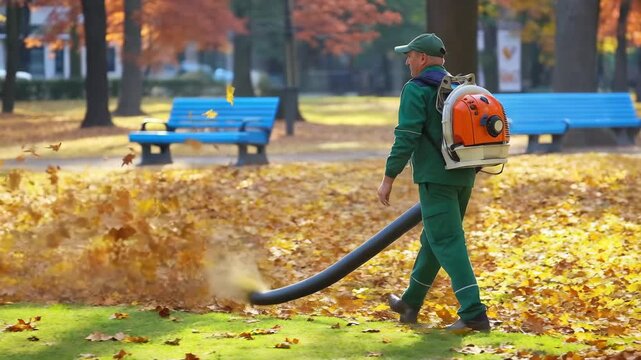 A worker is using a leaf blower to remove fallen leaves from the ground in a city park. The park has trees with bright autumn colors and benches for visitors.