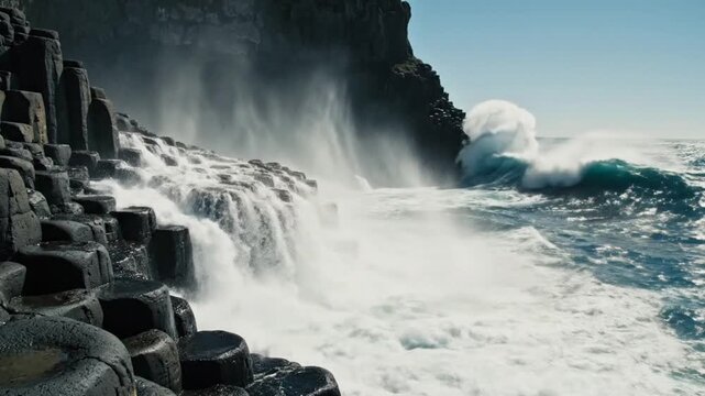 Crashing Waves on Hexagonal Basalt Columns, Dramatic Coastal Landscape