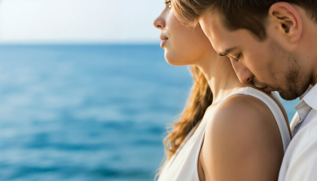 Couple shoulder kiss by the sea symbolizing tenderness and emotional closeness