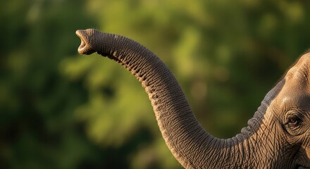 Naklejka premium Elephant calf trunk reaching up in natural habitat, close-up view.