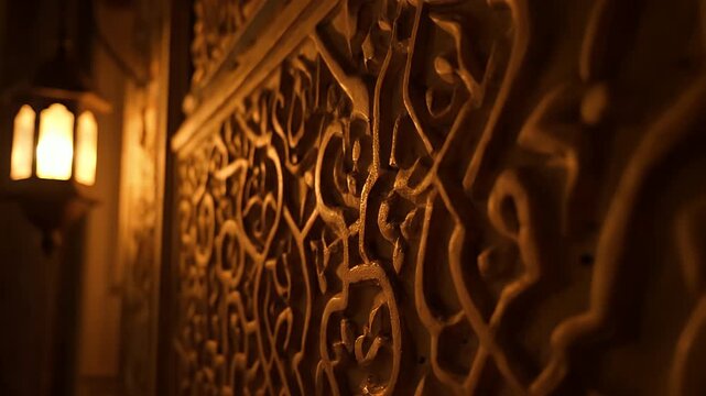 Slow tracking shot revealing intricate mosque plasterwork with flickering Ramadan lantern shadows and golden light