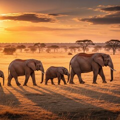 Fototapeta premium Elephant family walking across the African savanna at sunset.