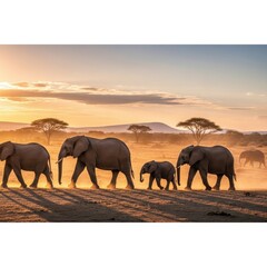 Fototapeta premium Elephant Family Walking at Sunset in African Savannah.