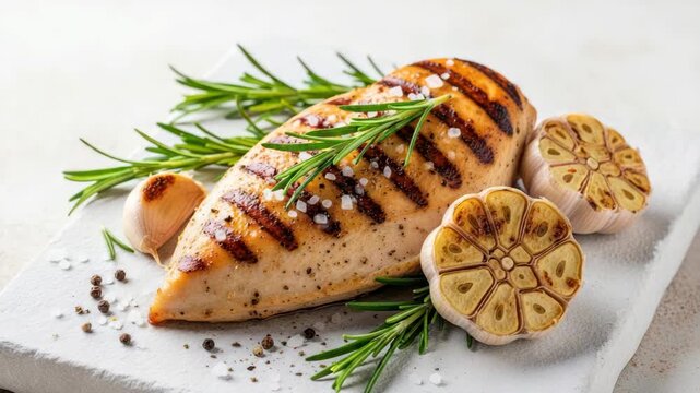Grilled chicken breast with rosemary and garlic on white surface