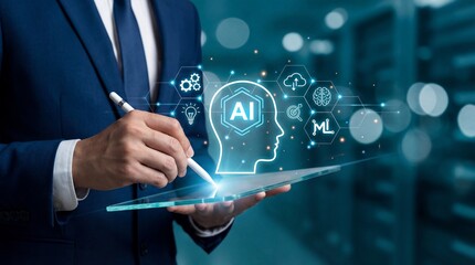 Businessman interacting with futuristic AI interface on transparent tablet in a high tech environment demonstrating digital innovation