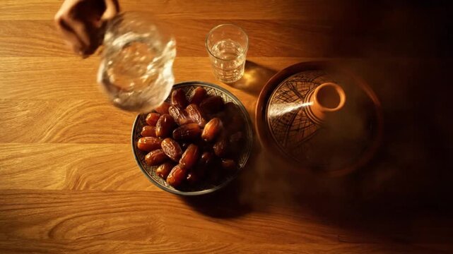 Family Iftar Food Flat Lay with Dates and Tagine on Wooden Table
