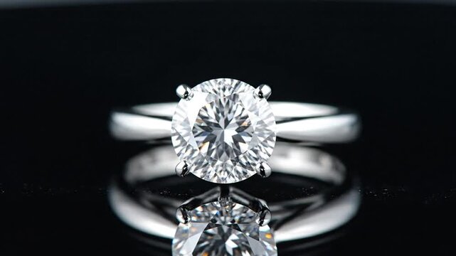 A stunning round brilliant-cut diamond solitaire ring on a reflective black surface