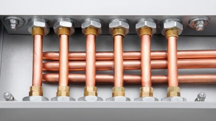 Naklejka premium Heating systems featuring copper pipes and fittings, showcasing intricate connections and modern design elements in a mechanical setting