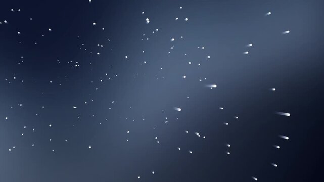 Ethereal snowfall scene with snowflakes gently falling in a dark blue environment from a high viewpoint