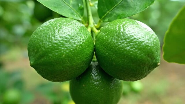 Three vibrant green limes hanging from a branch in a natural outdoor setting.