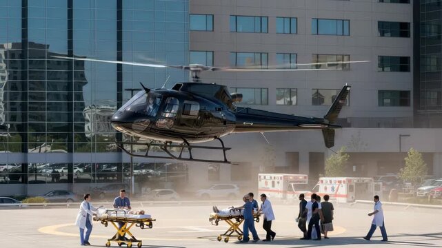 Black Helicopter Landing On Hospital Helipad Medical Staff Assisting Patients On Stretchers Ambulances Modern Building Cars In The Background To Illustrate Air Ambulance Services Eme