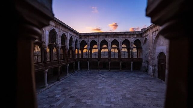 Islamic Mosque Courtyard Timelapse from Sunset to Starry Night