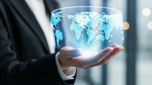 Hand holding digital world map projection business concept
