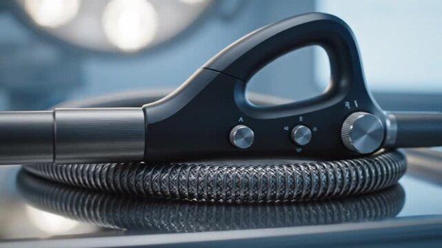 Close-up of a black handheld vacuum cleaner with a coiled cord on a reflective surface, featuring a handle with buttons and dial, in a blurred industrial setting with a cool color tone.