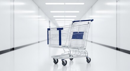 Empty Shopping Cart in a White Supermarket Aisle.
