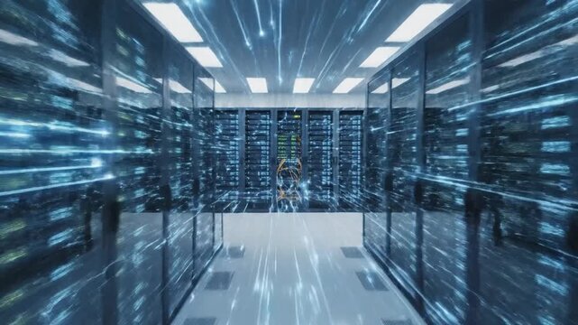 Rows of server racks with glowing blue and green lights and bundled orange cables