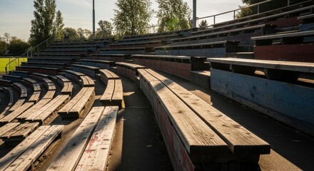 Empty Wooden Bleachers in a Sports Stadium.