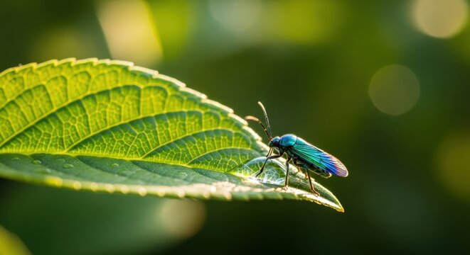 Emerald Ash Borer on a Leaf in Natural Light.