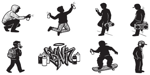 Collection of stylized illustrations depicting urban youth culture, including graffiti artists, skateboarders, and individuals with boomboxes.