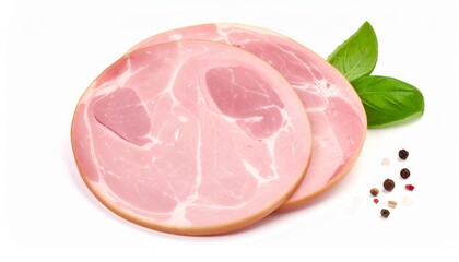 Delicious Sliced Ham with Fresh Basil and Peppercorns on White Background.