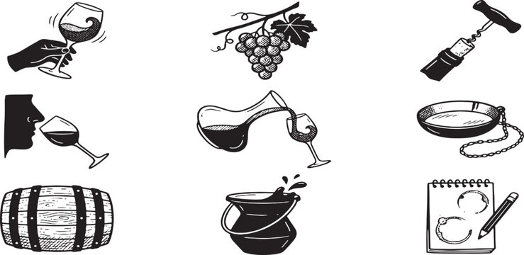 Collection of wine-related icons depicting tasting, pouring, grapes, barrel, corkscrew, and notes.