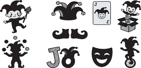 Collection of Jester Icons and Symbols Representing Entertainment and Performance. © Riki