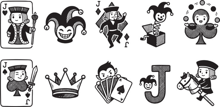 Collection of playful hand-drawn illustrations featuring playing card characters, jesters, a crown, and a jack-in-the-box.