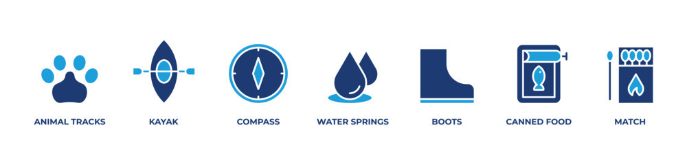 Trail to Adventure Icons set vector illustration with Animal tracks, Kayak, Compass, Water springs, Boots, Canned food, Match