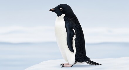 Obraz premium Penguin standing on ice with a snowy landscape and sea in the background, viewed from the side