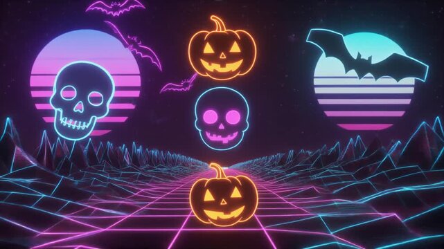 Retro Synthwave Halloween Night A Vibrant Neon Grid Landscape with Spooky Skulls, Glowing Pumpkins, and Flying Bats for a Rad 80s Vibe Celebration