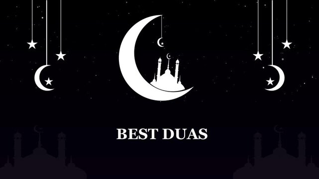 BEST DUAS text animation with mosque and crescent moon designed for Islamic festival celebration on background.Sparkling light islamic greeting text motion background