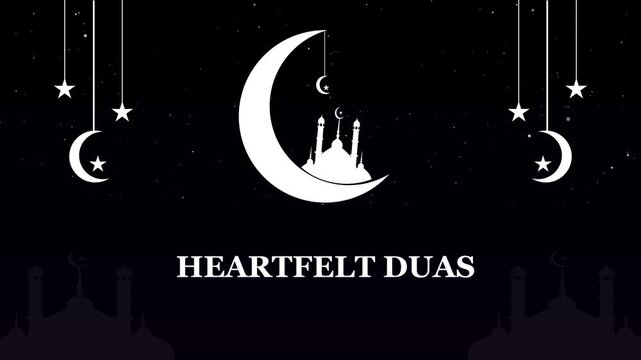 HEARTFELT DUAS text animation with mosque and crescent moon designed for Islamic festival celebration on background.Sparkling light islamic greeting text motion background