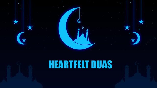 HEARTFELT DUAS text animation with mosque and crescent moon designed for Islamic festival celebration on background.Sparkling light islamic greeting text motion background