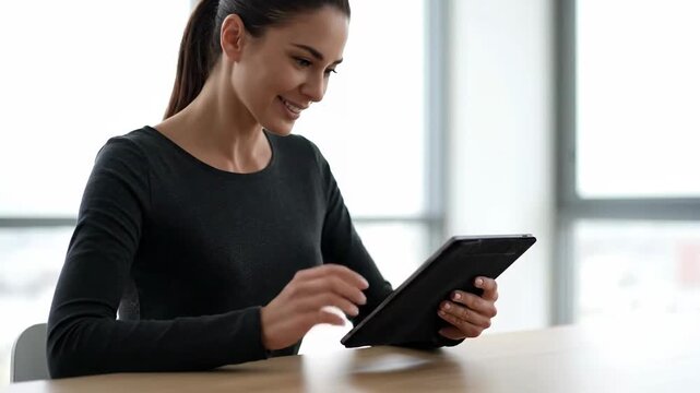 A professional woman diligently uses her tablet for data analysis, showcasing digital proficiency and insightful presentations within a bright,