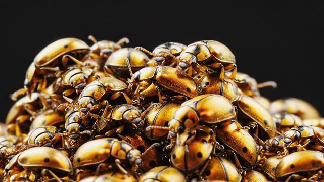 Close up of numerous golden beetle insects clustered together on black background