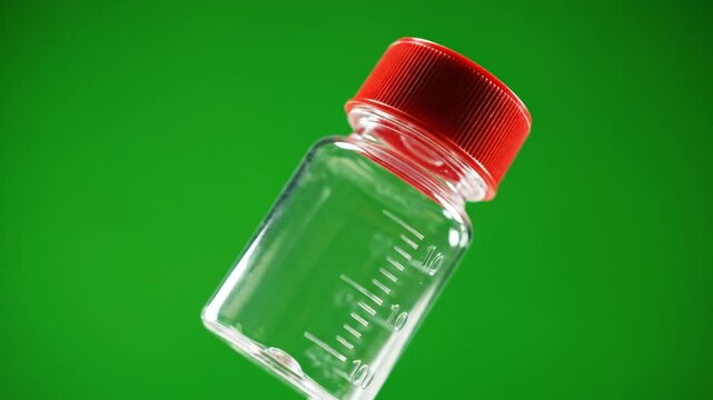 Close-up of a small, empty glass vial with a red cap against a green background.